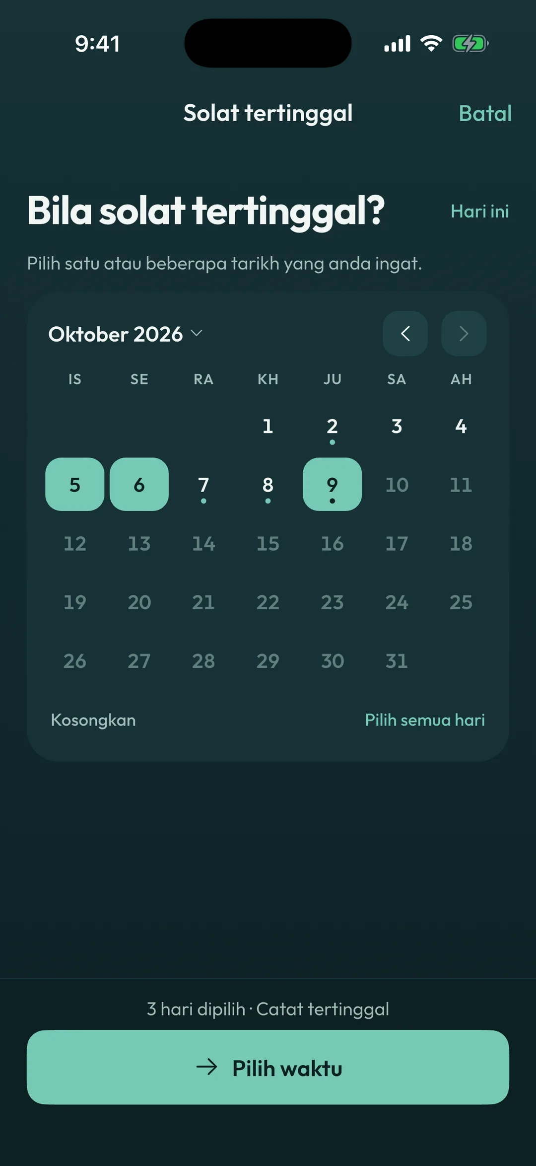 Kalendar Oktober 2026 dengan tiga hari dipilih untuk dicatat sebagai solat tertinggal.