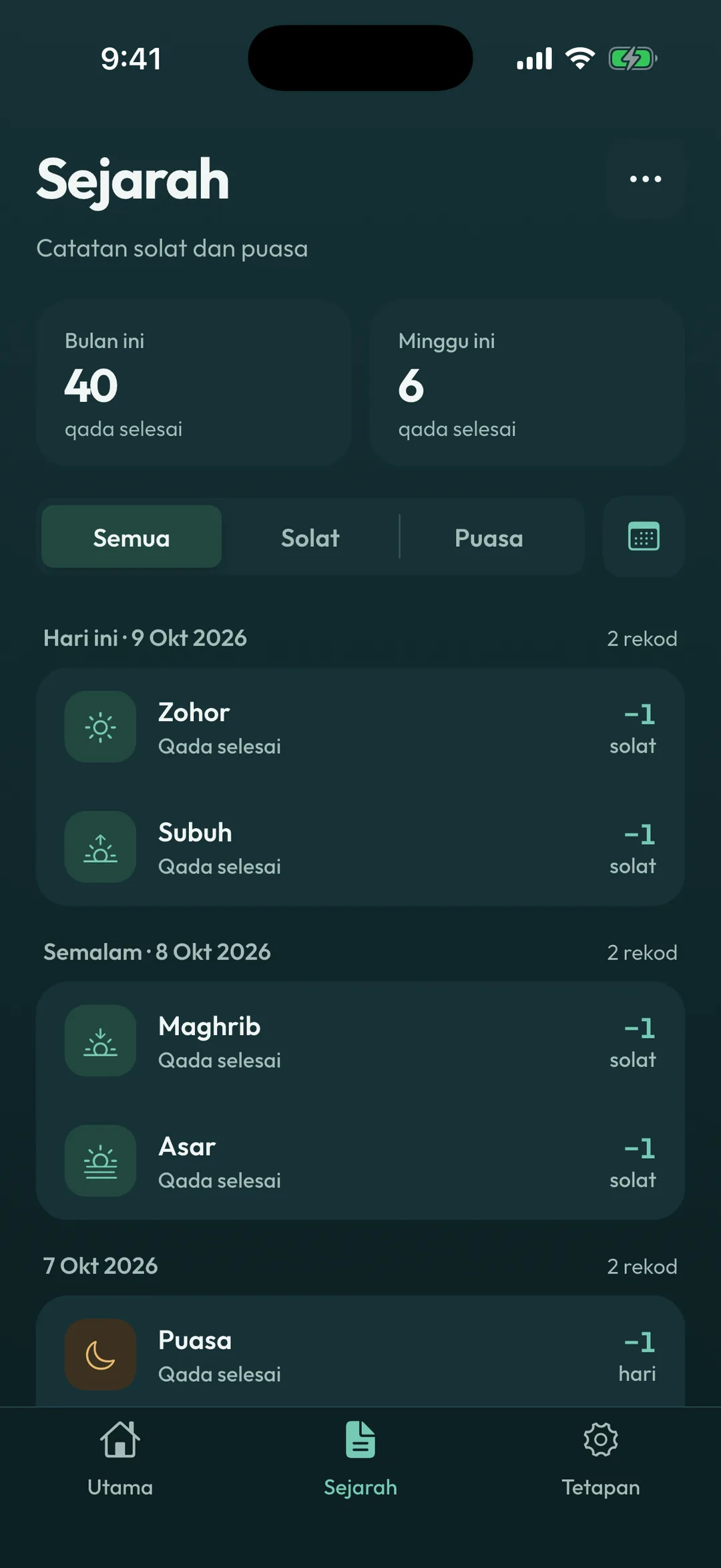 Skrin Sejarah: 40 qada selesai bulan ini, 6 minggu ini, dan senarai rekod mengikut tarikh.