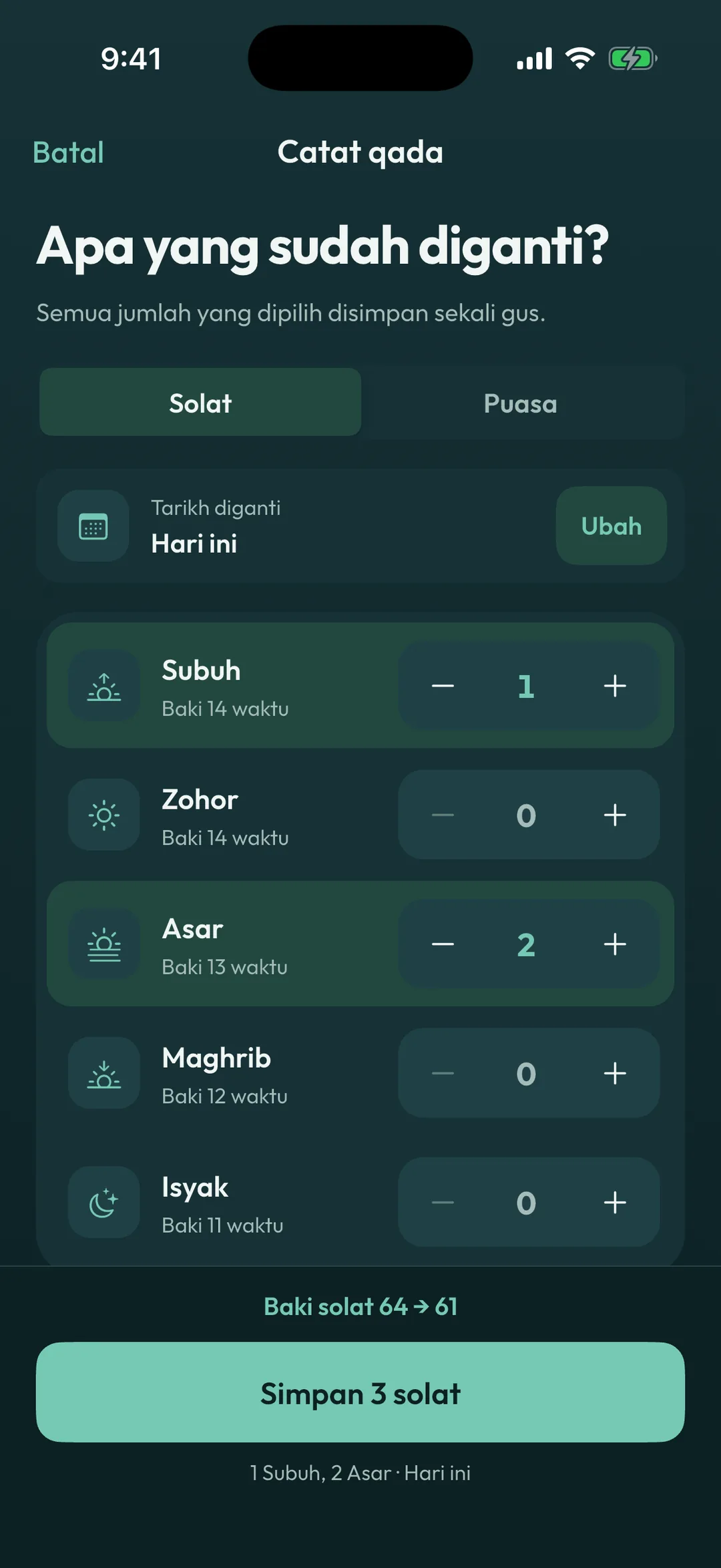 Skrin Catat qada: 1 Subuh dan 2 Asar dipilih, baki solat 64 menjadi 61, dan butang Simpan 3 solat.